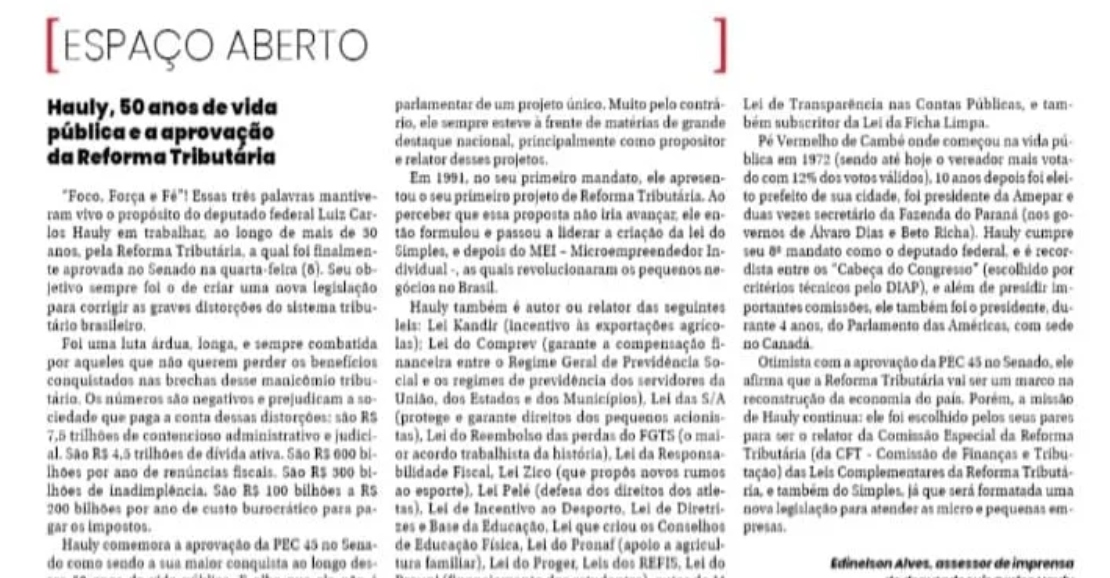 Hauly, 50 anos de vida pública e a aprovação da Reforma Tributária