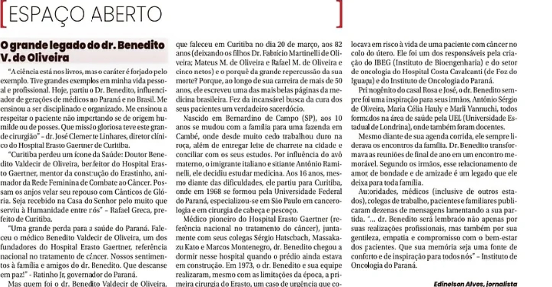 O grande legado do Dr. Benedito V. de Oliveira